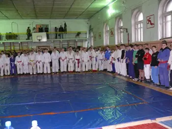 Участники турнира в кимоно выстроились вдоль края синего ковра в спортивном зале