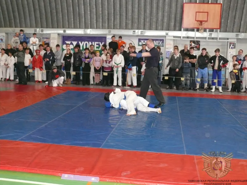Поединок на синем ковре в спортзале, двое борцов на полу, рядом судья, вдоль ковра стоят зрители и дети